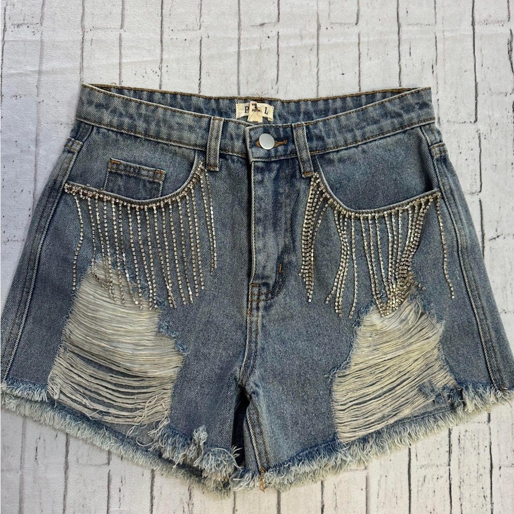POL Denim Rhinestone Fringe Distressed Shorts - Picture 3 of 6